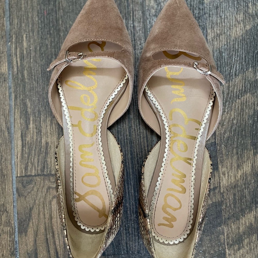 Sam Edelman D’Orsay beige flat with snakeskin heel.